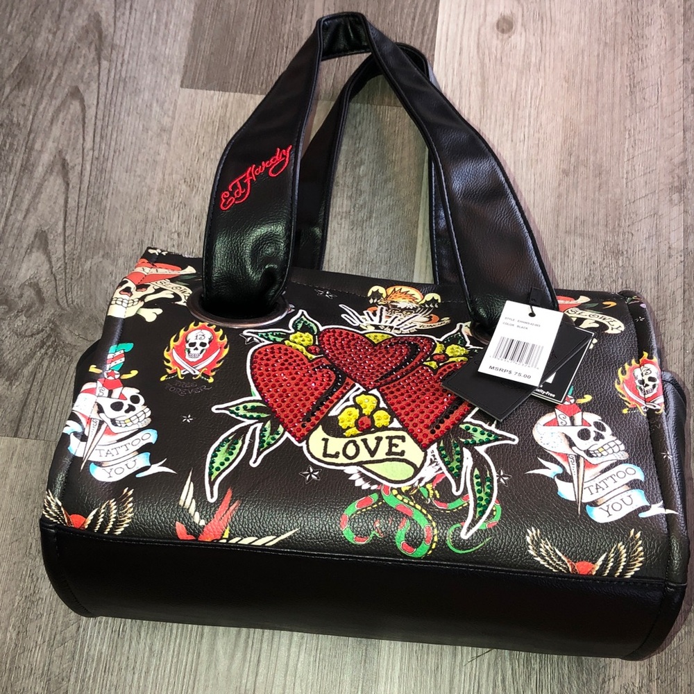 Ed Hardy Black Faux Leather Tattoo Print & Rhinestone Heart Tote Bag NWT